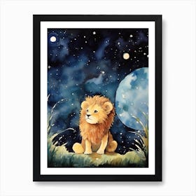 Stargazing Watercolour Lion Art Painting 1 Art Print