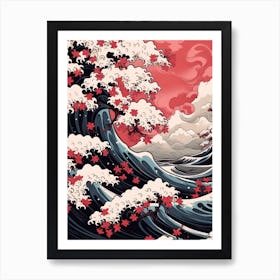 Great Wave With Cherry Blossom Flower Drawing In The Style Of Ukiyo E 4 Art Print