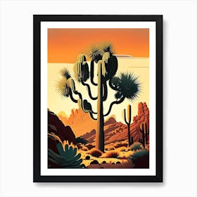 Joshua Trees In Mountains Retro Illustration (3) Art Print
