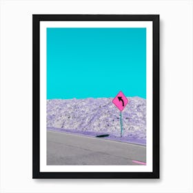 Curve Ahead Sign On Amboy Road In The Desert Of California Art Print