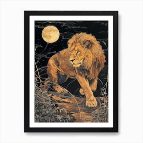 Barbary Lion Relief Illustration Night 4 Art Print