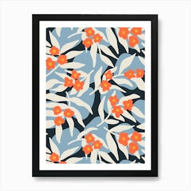 Blossoms on Flowing Leaves and Stones Orange, Blue, Slate Art Print