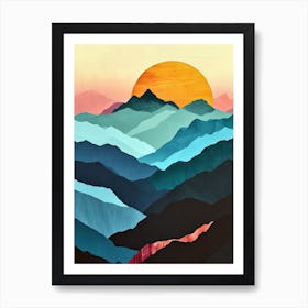Sunset Over Mountains, Minimalist Peaks Art Print