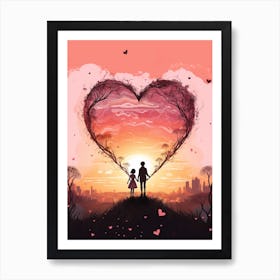 Parent & Child Walking Into Tree Heart Sunset Art Print