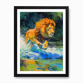 Masai Lion Crossing A River Fauvist Painting 1 Art Print