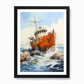 Old Fishing Boat Shipwrecked at Stormy Sea Art Print