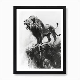 African Lion Charcoal Drawing Roaring On A Cliff 1 Art Print