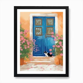Black And White Cat And Blue Door Art Print