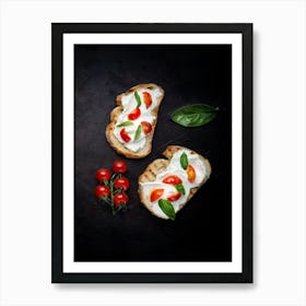 Bread with cheese & tomato — Food kitchen poster/blackboard, photo art Art Print