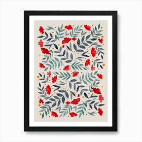 Magical Flowers And Branches Gray And Red Art Print