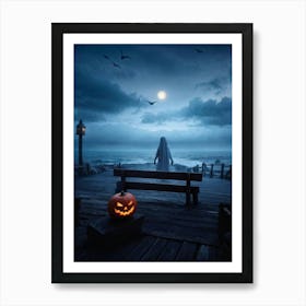 Halloween Themed Coastal Landscape During Dusk Featuring A Jack O Lantern With A Glowing Eye Perched (1) Art Print