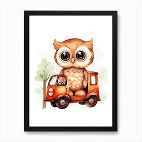 Baby Owl On A Toy Car, Watercolour Nursery 0 Art Print