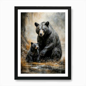 Bear And Cub Chalk Style Art Print