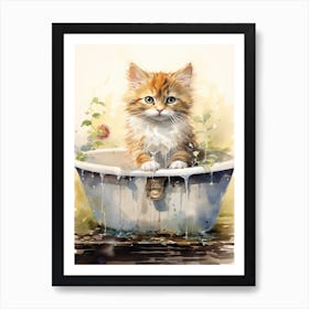 Ragamuffin Cat In Bathtub Botanical Bathroom 1 Art Print