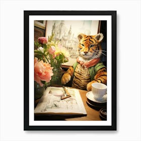 Tiger Illustration Doing Calligraphy Watercolour 4 Art Print