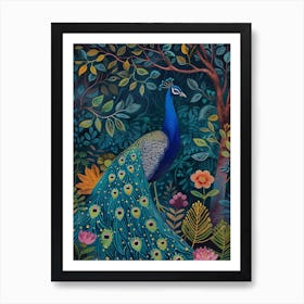 Folky Floral Peacock At Night 1 Art Print