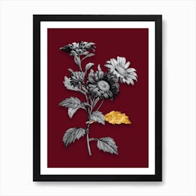 Vintage Red Aster Flowers Black and White Gold Leaf Floral Art on Burgundy Red n.0102 Art Print