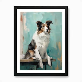 Border Collie Dog, Painting In Light Teal And Brown 2 Art Print