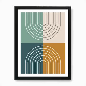 Abstract Rainbow Line and Colour Blocks I in Gold Beige Forest Sage Green, Midcentury Modern Design Affiche