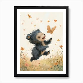 Sloth Bear Cub Chasing After A Butterfly Storybook Illustration 1 Art Print