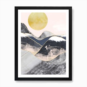 Gold Moon Navy Marble Mountains Art Print