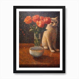 Lisianthus With A Cat 1 Pointillism Style Art Print
