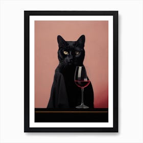 A Black Cat With A Wine Glass Painting Art Print