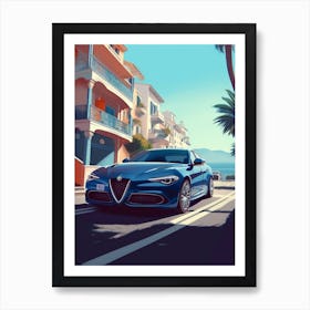 A Alfa Romeo Giulia In The French Riviera Car Illustration 4 Art Print