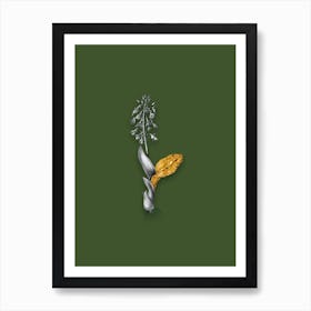 Vintage Brown Widelip Orchid Black and White Gold Leaf Floral Art on Olive Green Art Print