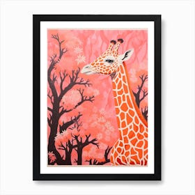 Giraffe Pink Blooming Portrait 1 Art Print