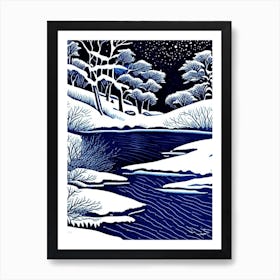 Snow Melting Into Water Waterscape Linocut 1 Art Print