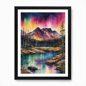 The Northern Lights - Aurora Borealis Rainbow Winter Snow Scene of Lapland Iceland Finland Norway Sweden Forest Lake Watercolor Beautiful Celestial Artwork for Home Gallery Wall Magical Etheral Dreamy Traditional Christmas Greeting Card Painting of Heavenly Fairylights 12 Art Print