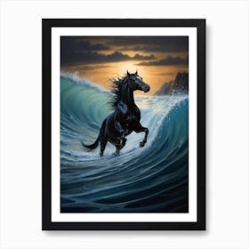 Black Horse In The Ocean Print Art Print