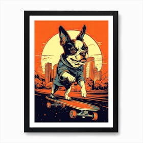 Boston Terrier Dog Skateboarding Illustration 4 Art Print