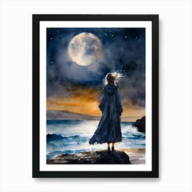 "Dissipate" By Lyra The Lavender Witch (Lyra O'Brien) – Pagan Wall Art, Full Moon Watercolor Print, Spiritual Ocean Witch Decor Bring The Energy Of The Full Moon And Sacred Solitude Into Your Space With Dissipate, A Mystical Watercolor By Lyra The Lavender Witch. This Enchanting Art Print Features A Lone Figure Cloaked In Flowing Robes, Standing At The Edge Of A Moonlit Sea—An Evocative Symbol Of Release, Transformation, And Quiet Power. Perfect For Those Seeking Pagan Decor, Moon Goddess Energy, Coastal Witchcore Vibes, Or Spiritual Artwork For Altars, Meditation Rooms, Or Sacred Spaces. A Soulful Addition To Any Collection Of Witchy Wall Art, Fantasy Prints, Or Lunar-Themed Home Decor. Art Print