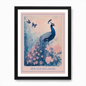 Pink & Blue Peacock Cyanotype Inspired With Butterflies 1 Poster Art Print