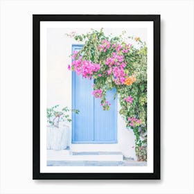 Milos, Greece I The blue wood door with pink Bougainvillea flowers and minimalist greek architecture with authentic charm and retro vintage pastel summer aesthetic photography in Cyclades islands like Santorini Art Print