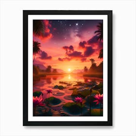 Beautiful Lotus Lake Landscape Art Print