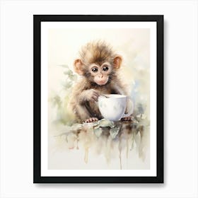 Monkey Painting Drinking Tea Watercolour 1 Art Print