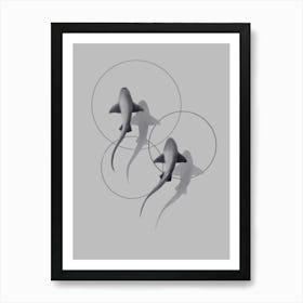 Shark graphic black and white with geometric circles Art Print