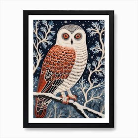 Vintage Bird Linocut Snowy Owl 4 Art Print