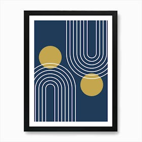 Mid Century Modern Geometric In Navy Blue And Gold (Rainbow And Sun Abstract) 01 Art Print