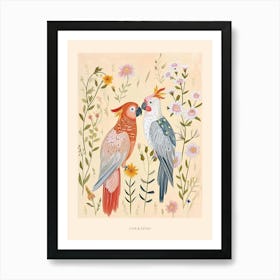 Folksy Floral Animal Drawing Cockatoo Poster Affiche