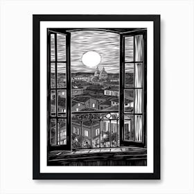 A Window View Of Rome In The Style Of Black And White  Line Art 2 Art Print