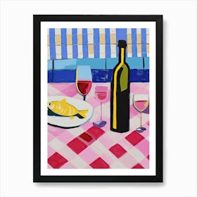 Painting Of A Table With Food And Wine, French Riviera View, Checkered Cloth, Matisse Style 6 Art Print