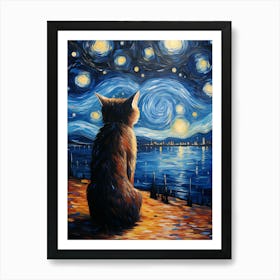A Starry Night And Cat Print Fusion Print Art Print