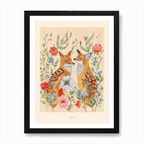 Folksy Floral Animal Drawing Fox Poster Art Print