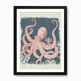 Linocut Inspired Navy Red Octopus With Coral 7 Art Print