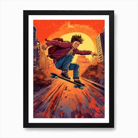 Skateboarding In Seoul, South Korea Comic Style 4 Art Print