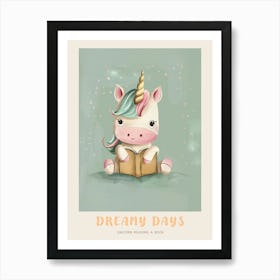 Pastel Storybook Style Unicorn Reading A Book 3 Poster Art Print